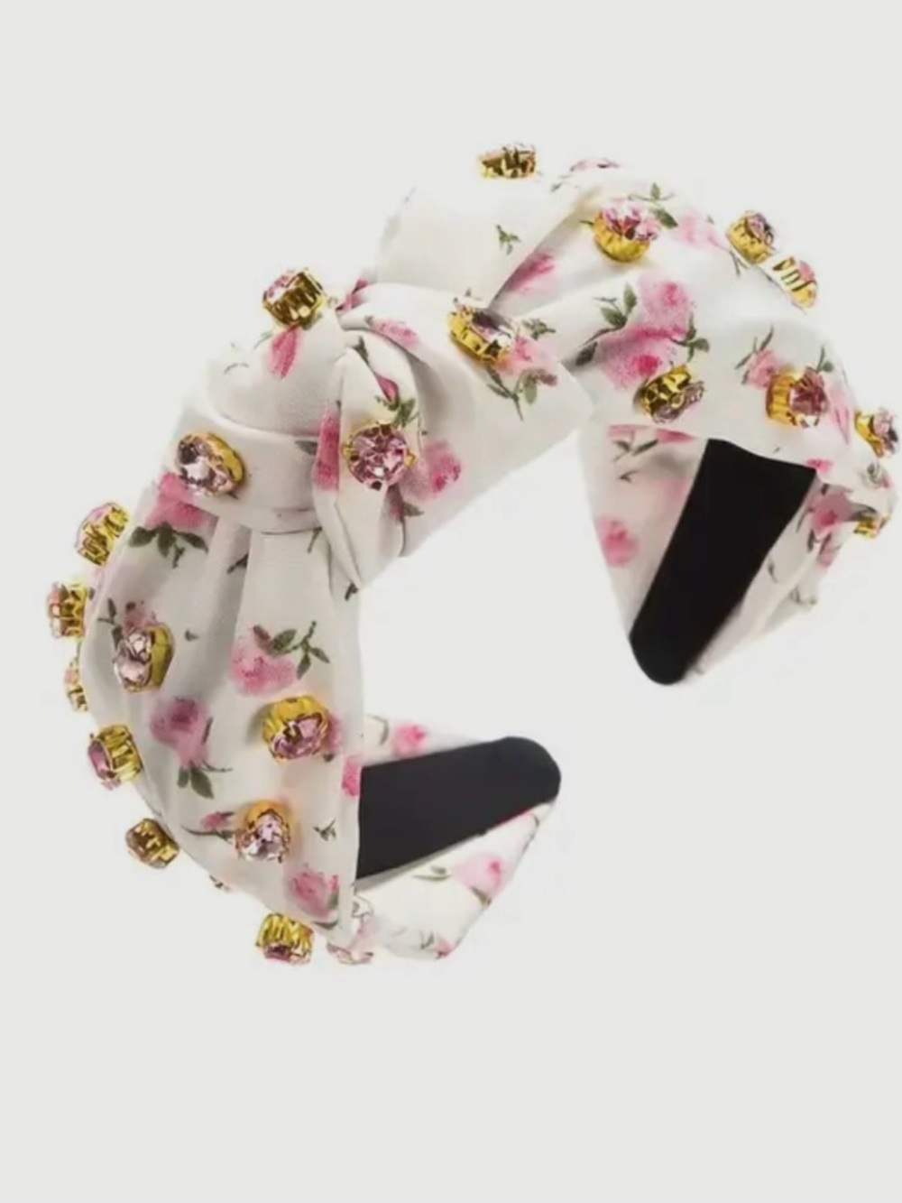 NEW Floral Pearl-Embellished Knotted Headband - White with Pink Roses